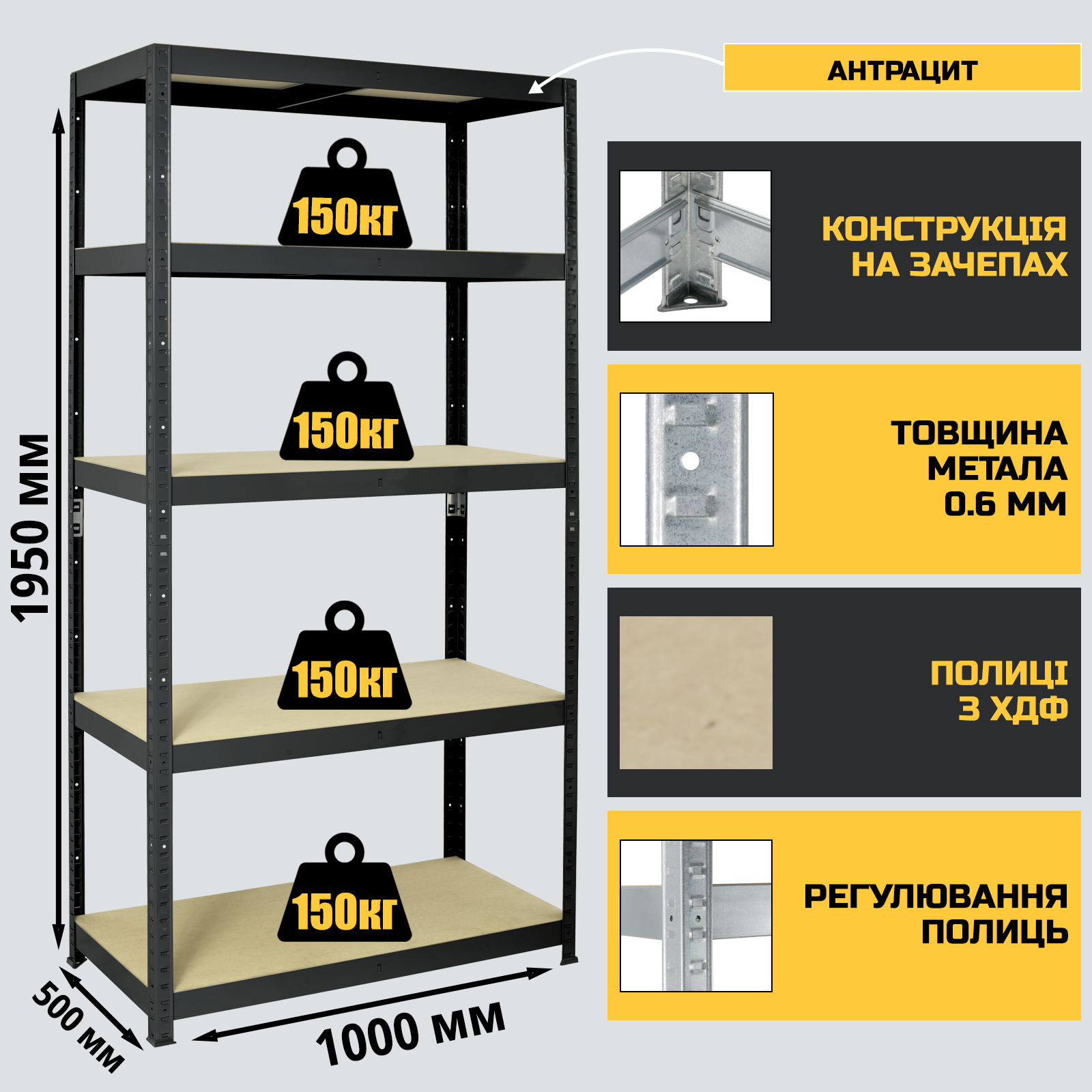 Стеллаж StahlPro Spectrum 1950x1000x500 мм металлический окрашенный 5 полок ХДФ - фото 2