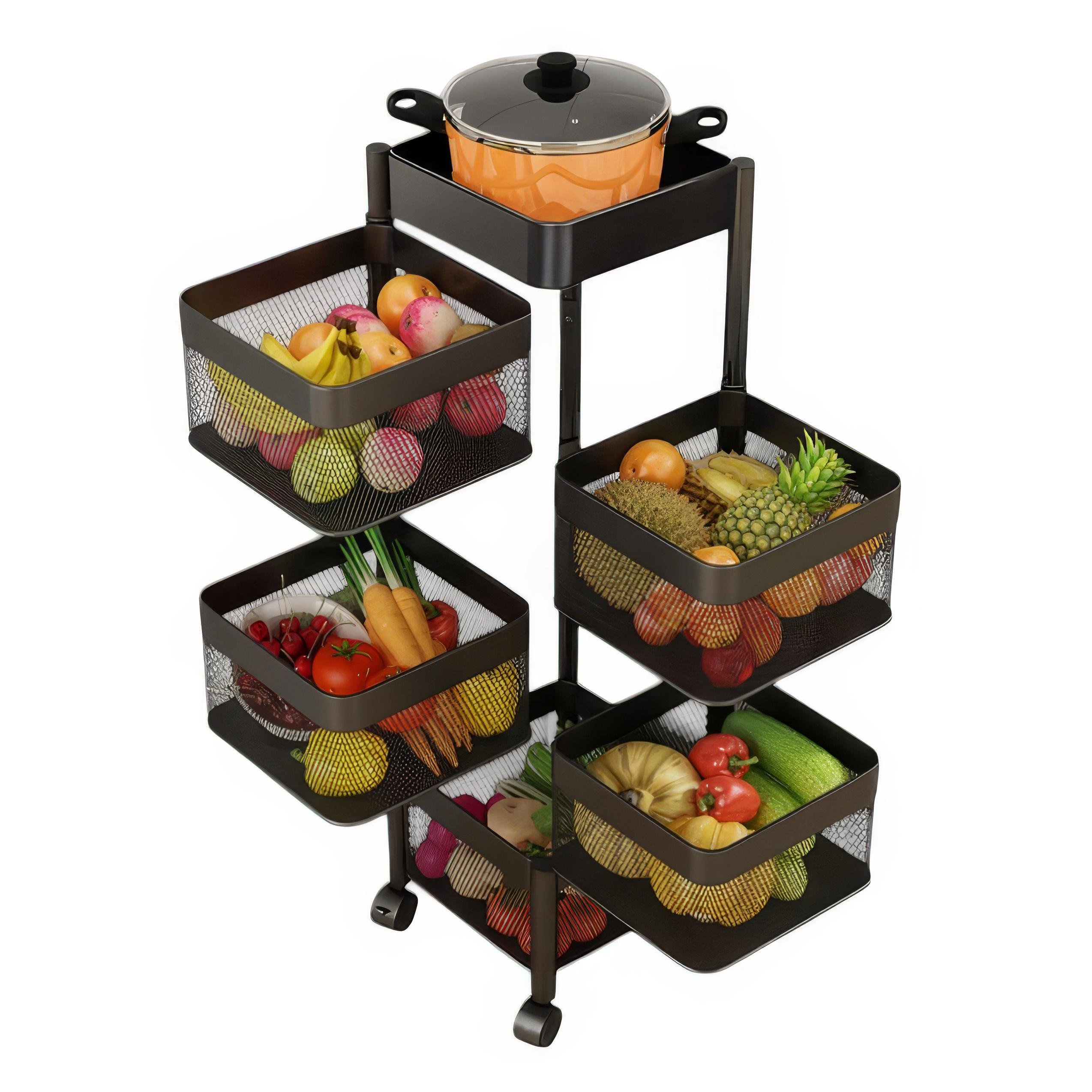 Стеллаж металлический напольный складной на колесиках для хранения кухонных принадлежностей Черный