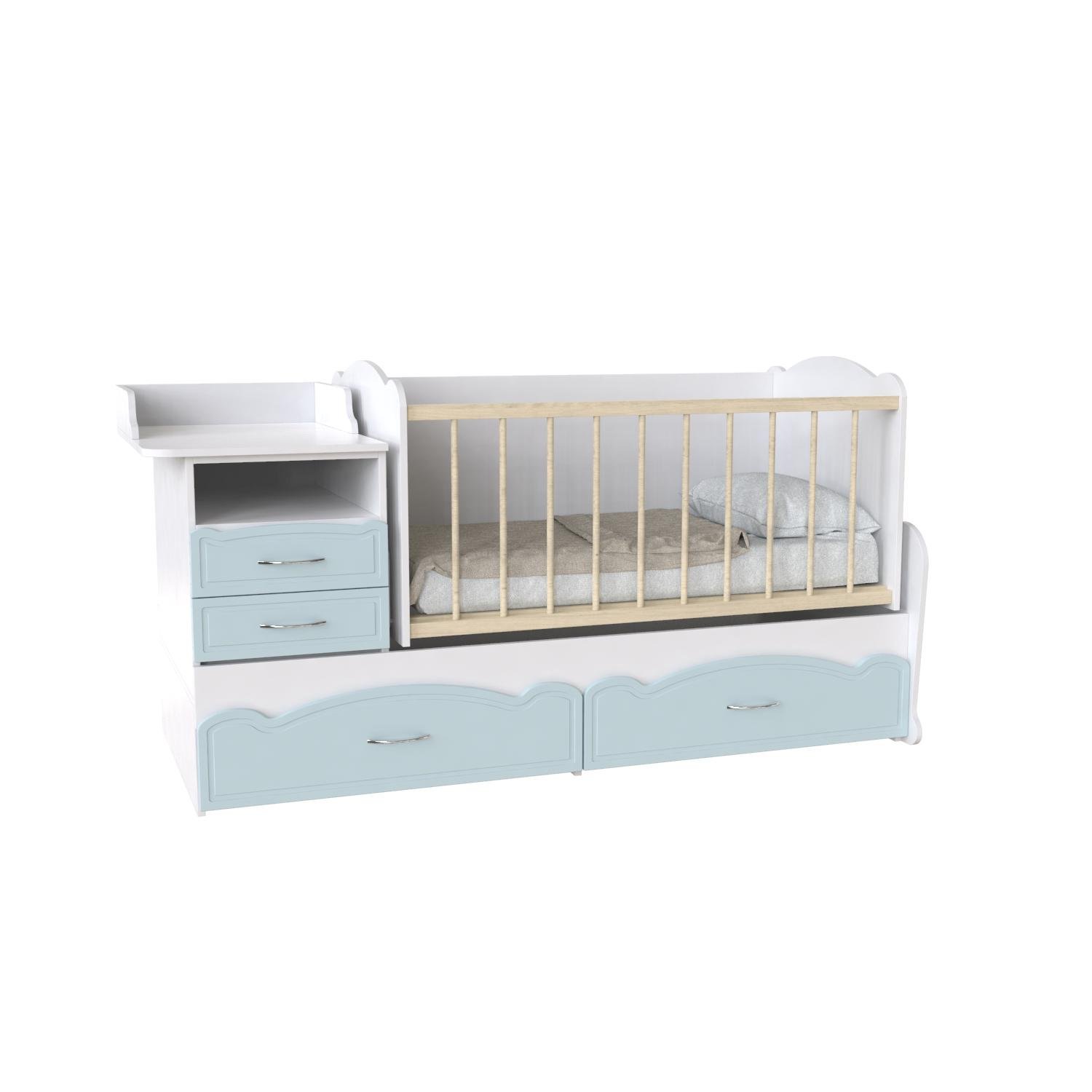 Детская кроватка трансформер Artinhead Binky ДС043 (3 в 1) из ЛДСП и МДФ 1732x950x732 Аляска/Голубая лагуна Детская кроватка трансформер Artinhead Binky ДС043 (3 в 1) из ЛДСП и МДФ 1732x950x732 Аляска/Голубая лагуна