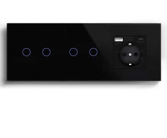 Выключатель сенсорный LUXION 4 сенсоры 2-2 с розеткой USB A+C 20Вт с заземлением/шторками стекло Черный