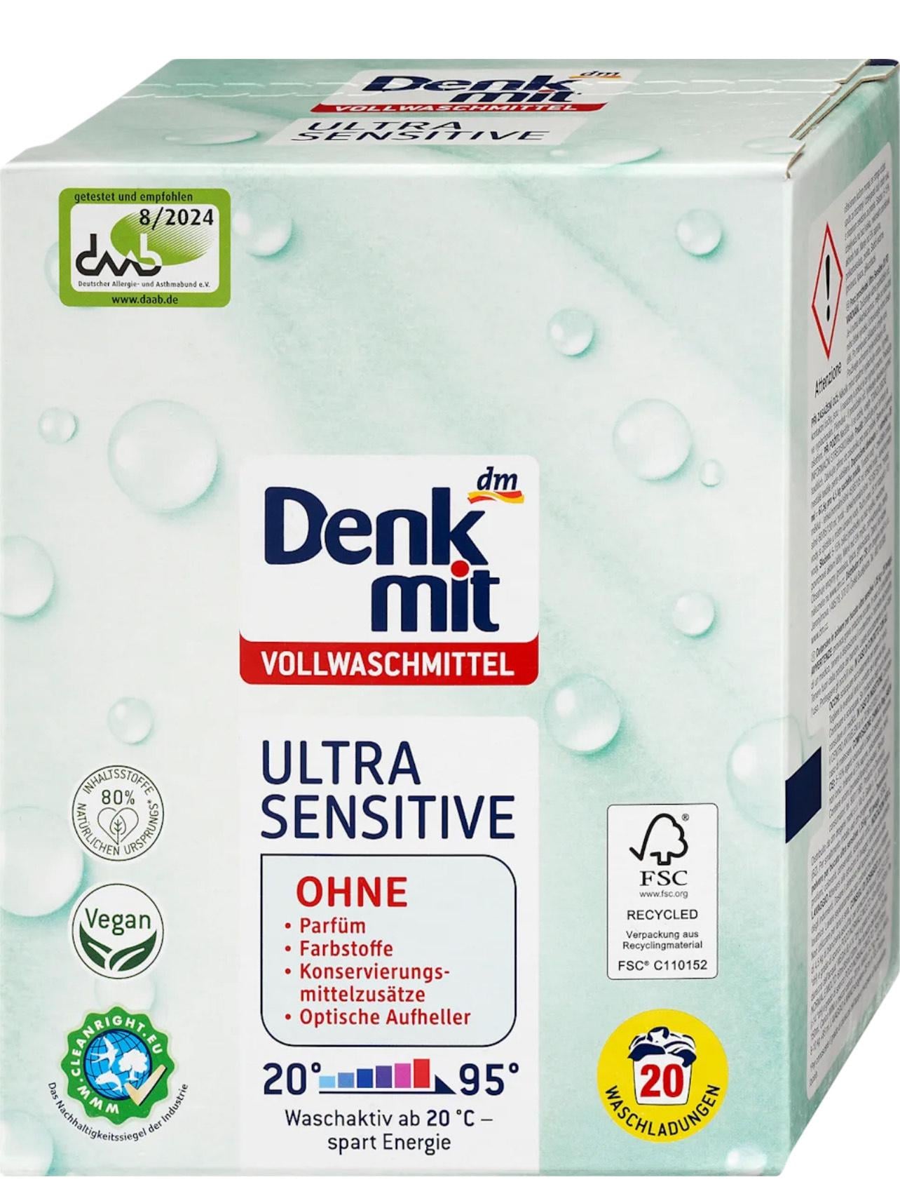 Порошок для прання дитячої світлої білизни Denkmit Ultra Sensitive безфосфатний гіпоалергенний 20 прань