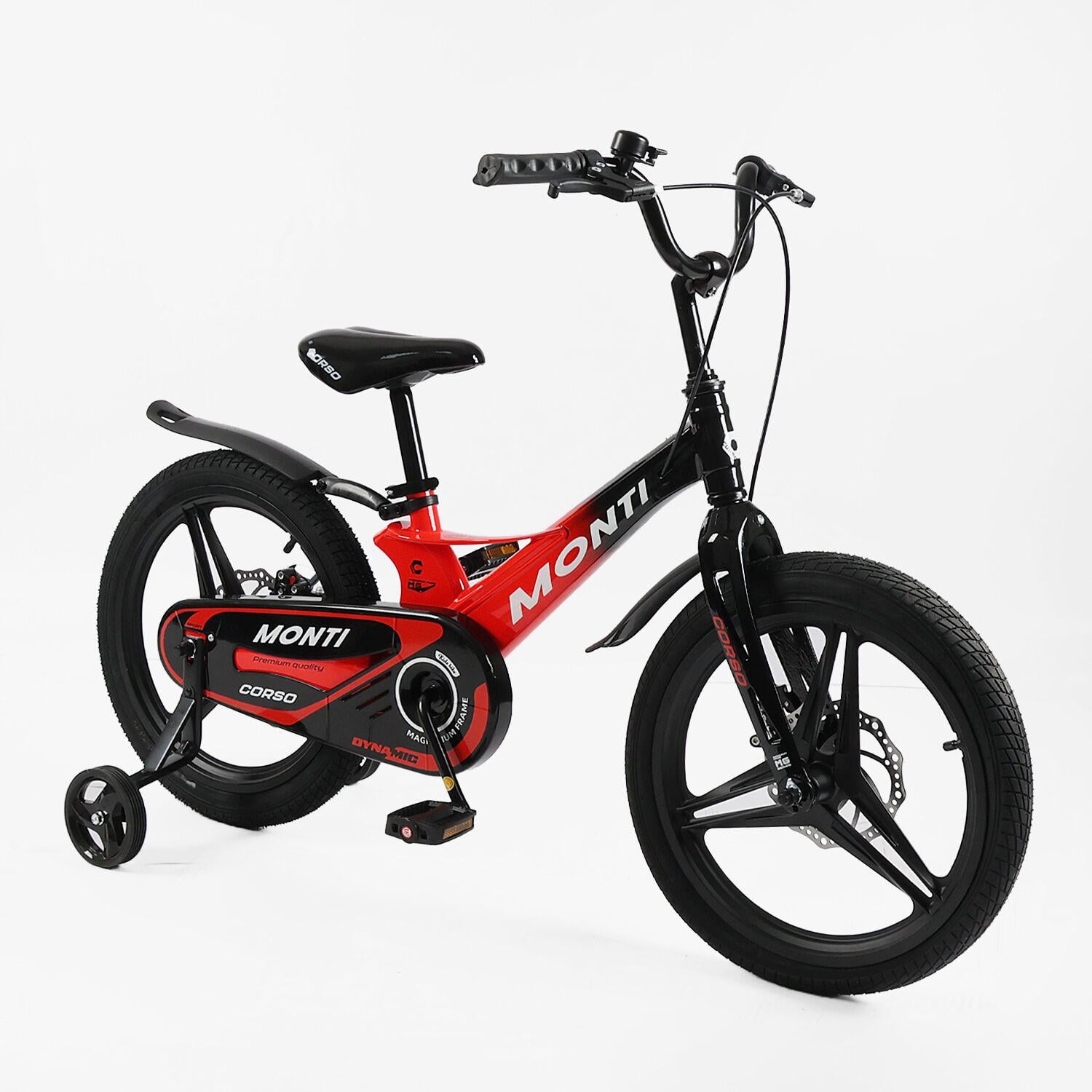 Детский велосипед Corso Magnesium Monti двухколесный 18" с дополнительными колесами Красный (MT-18621)