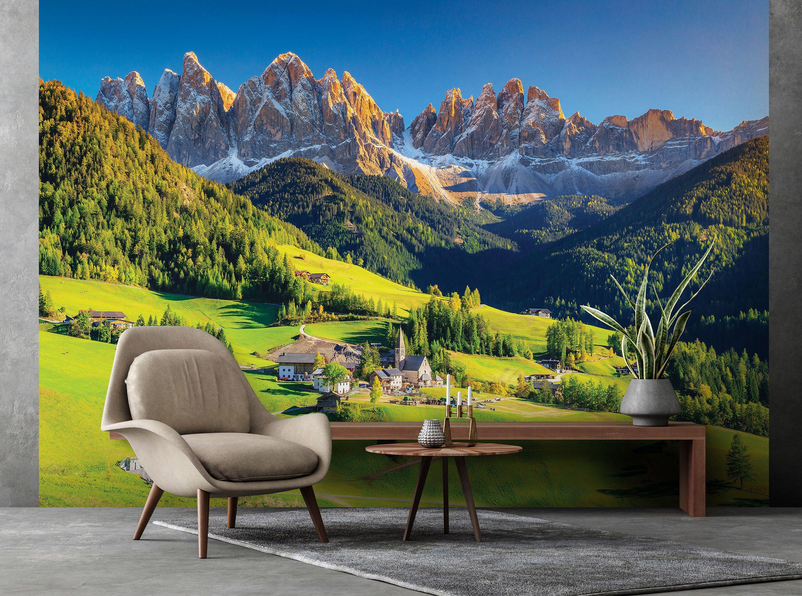 Фотошпалери флізелінові 3д фото природи Природний ландшафт Альпійська долина Гори з клеєм 400х280 см (14018VX8)