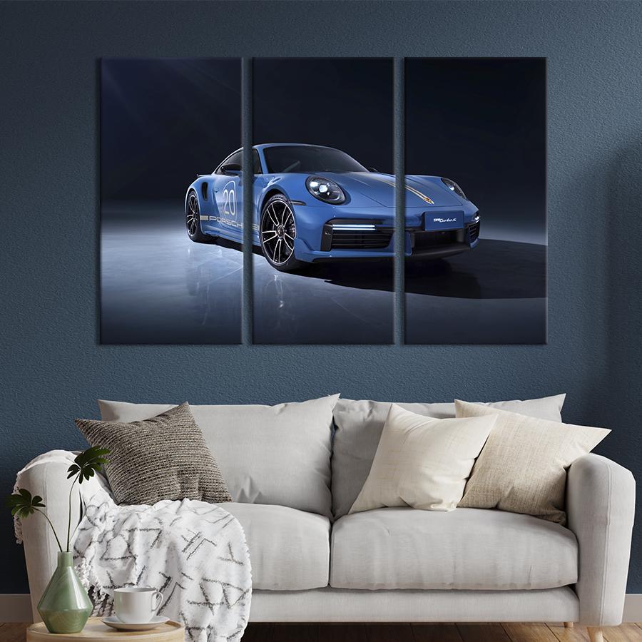 Картина на холсте триптих Спорткар Porsche 911 Turbo S в голубом цвете 78x48 см (1387-31)