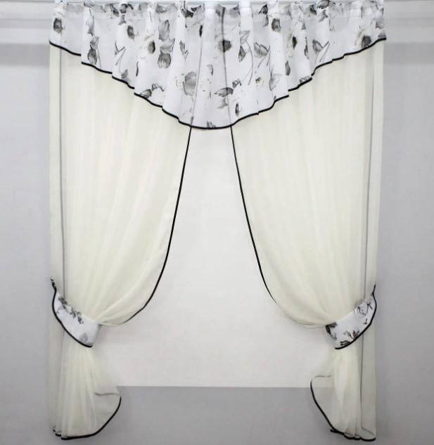 Комплект шторки/ламбрекен 290х170 см Молочный/Серый (084к) Комплект шторки/ламбрекен 290х170 см Молочный/Серый (084к)