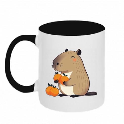 Чашка керамическая двухцветная Капибара радуется апельсинам 320 мл Черно-белый (17077545-17-199693) - фото 1