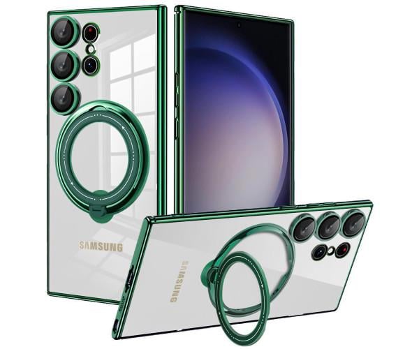 Силиконовый чехол накладка Clear Case для Samsung Galaxy S24 Ultra с металлическим кольцом держателем и защитой для камеры Зелёный
