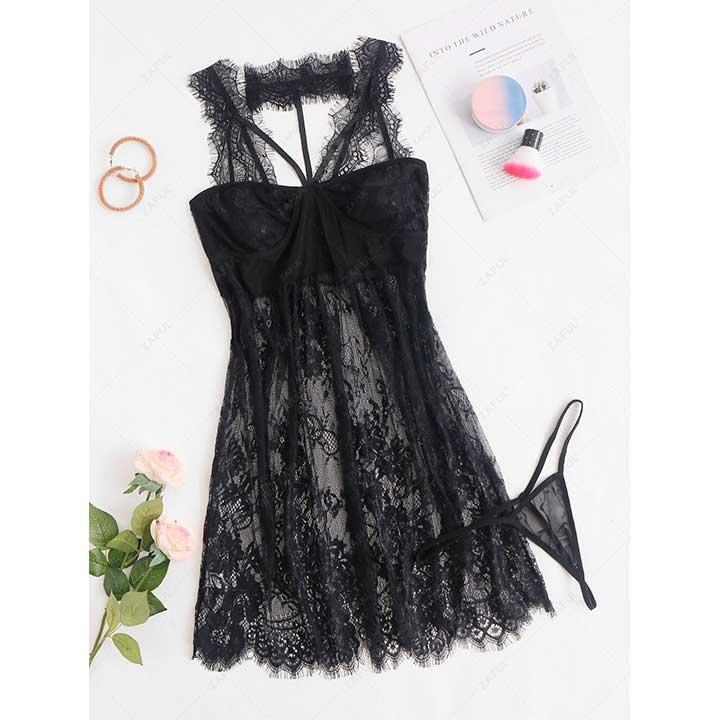 Пеньюар кружевной с чокером S/M Черный (K000935)