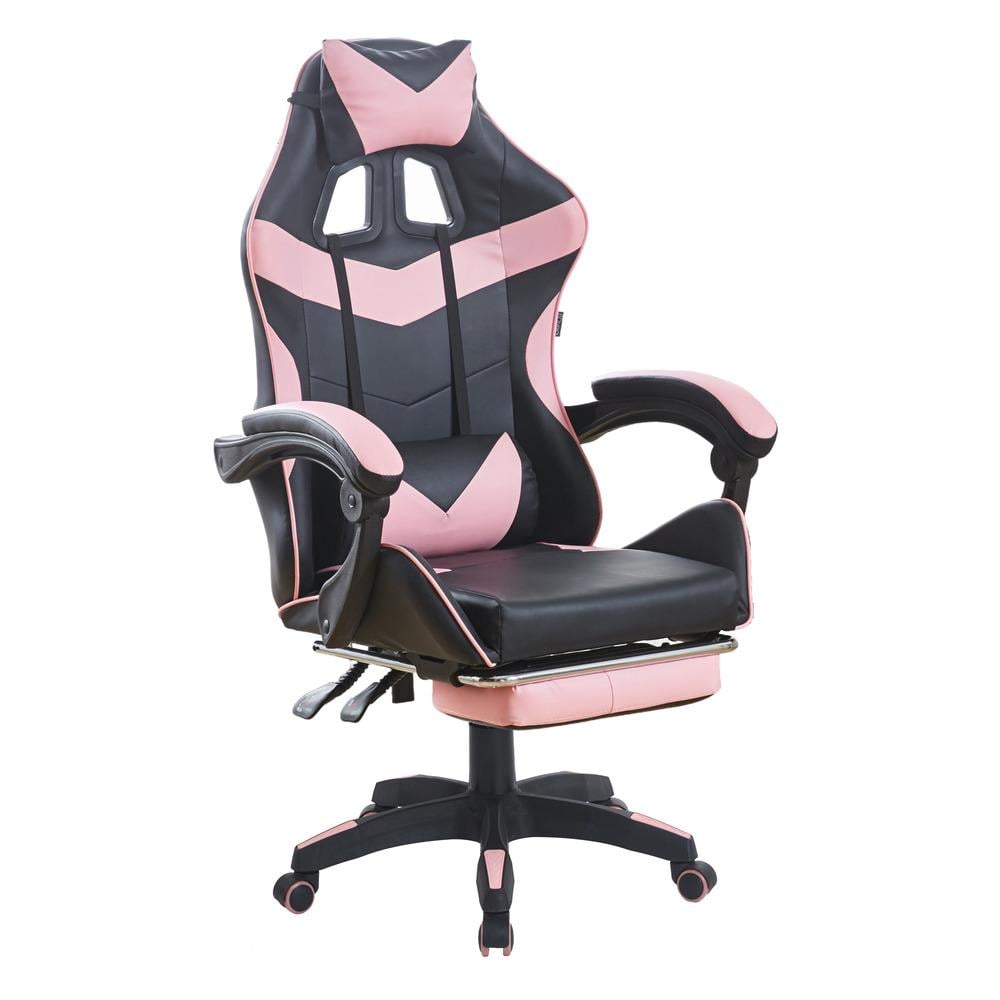 Кресло геймерское Bonro BN-810 из экокожи на колесиках с подушками под поясницу и голову и подставкой для ног Черно-розовый (132-76-42400284)
