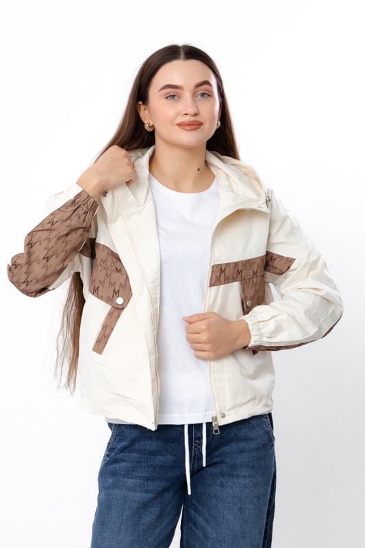 Вітровка жіноча коротка з капюшоном та контрастними вставками Носи Своє М Молочний (17265)