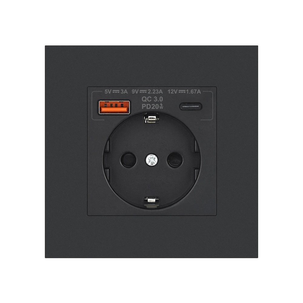 Розетка 220V Folem RZ1 с USB и Type-C и быстрой зарядкой 20W PD 3.0 QC3.0 Черный