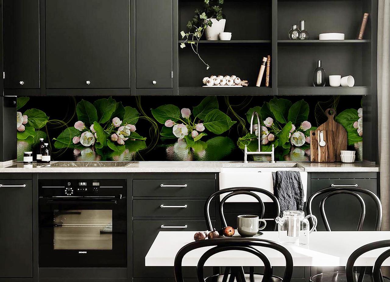 Кухонный фартук Цветы яблони отражение на темно фоне из самоклеющейся виниловой пленки 65х250 см Зеленый