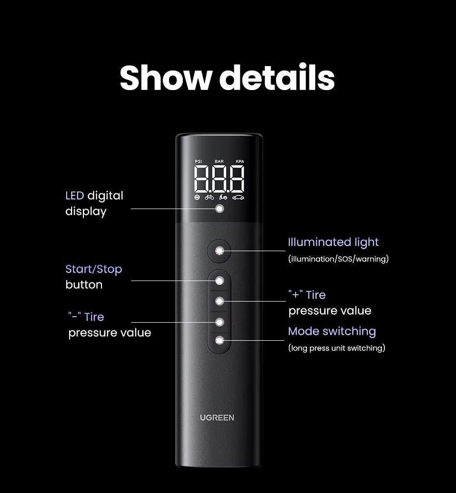 Компресор UGREEN 150psi 35 л/хв LED від прикурювача Чорний (35573) - фото 6 Компресор UGREEN 150psi 35 л/хв LED від прикурювача Чорний (35573) - фото 6