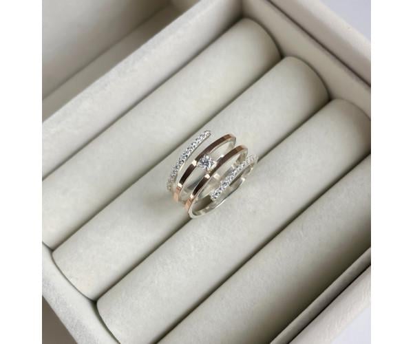 Кольцо серебряное Серпантиновая мечта с золотом и инкрустированное фианитами