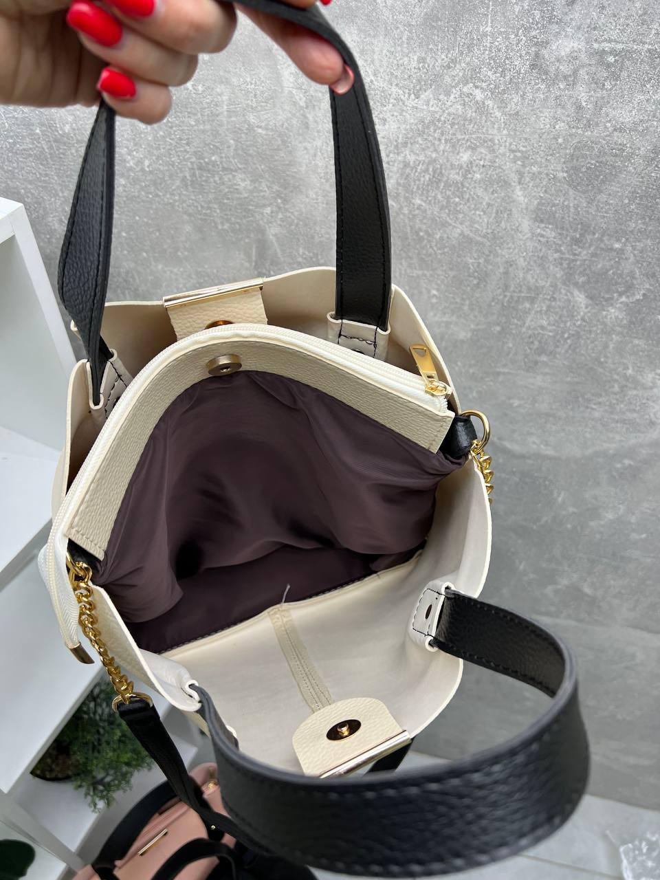 Сумка большая женская элегантная вместительная через плечо из экокожи плечевой ремешок Бежевый с черным - фото 8 Сумка большая женская элегантная вместительная через плечо из экокожи плечевой ремешок Бежевый с черным - фото 8