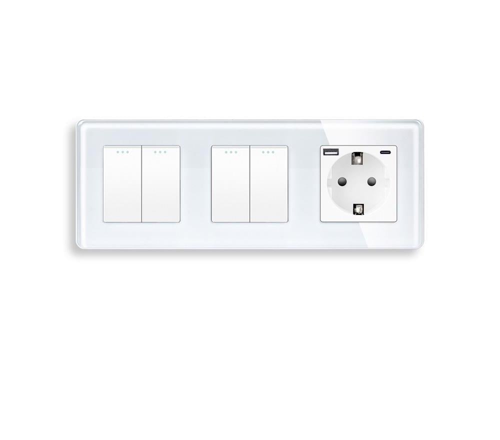 Выключатель перекрестный ELIOS 4-клавишный 2-2 с розеткой USB A+C 20Вт с заземлением 16А 230 В Белый