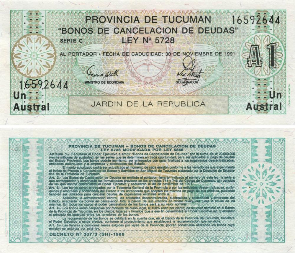 Коллекционная банкнота Аргентина 1 австрал 1991 Tucuman UNC (PS2711)