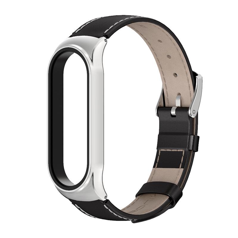 Ремешок для смарт-браслетов MiJobs кожаный для Xiaomi Mi Band 5/4/3 Черный/Серебряный (1490P)