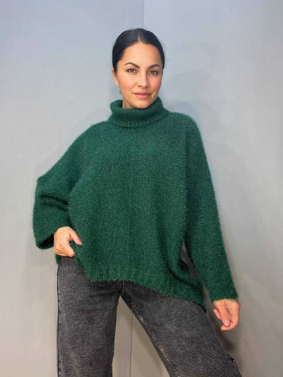 Светр жіночий MY FASHION 3267 павутинка оверсайз широкий комір хомут подовжений р. 44-48 Зелений (3115) - фото 7