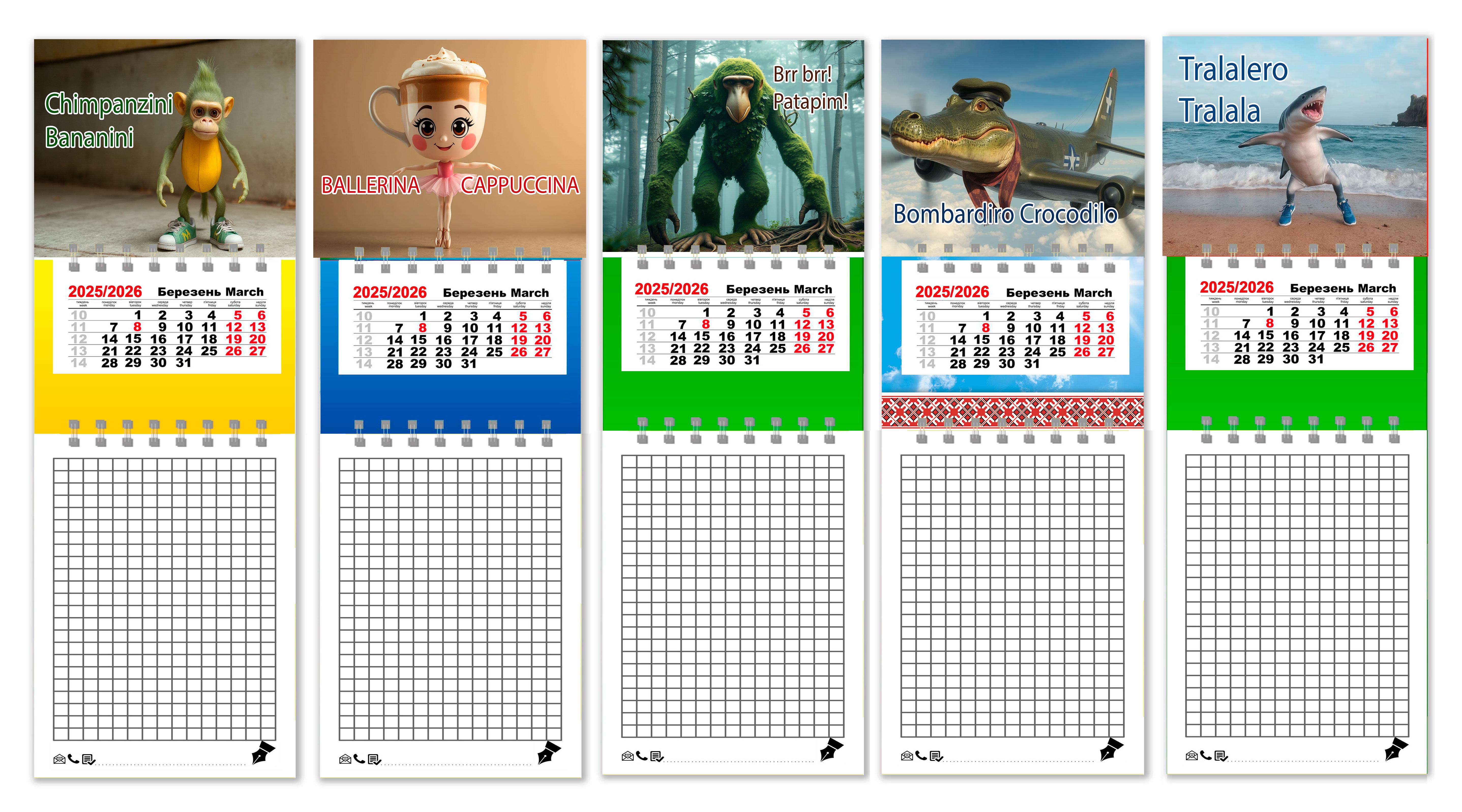 Календарь на магните на 2025 и 2026 год с блокнотом APRIORI Тралалеро Тралала 5 26х8,5 см 5 шт. (UA3092)