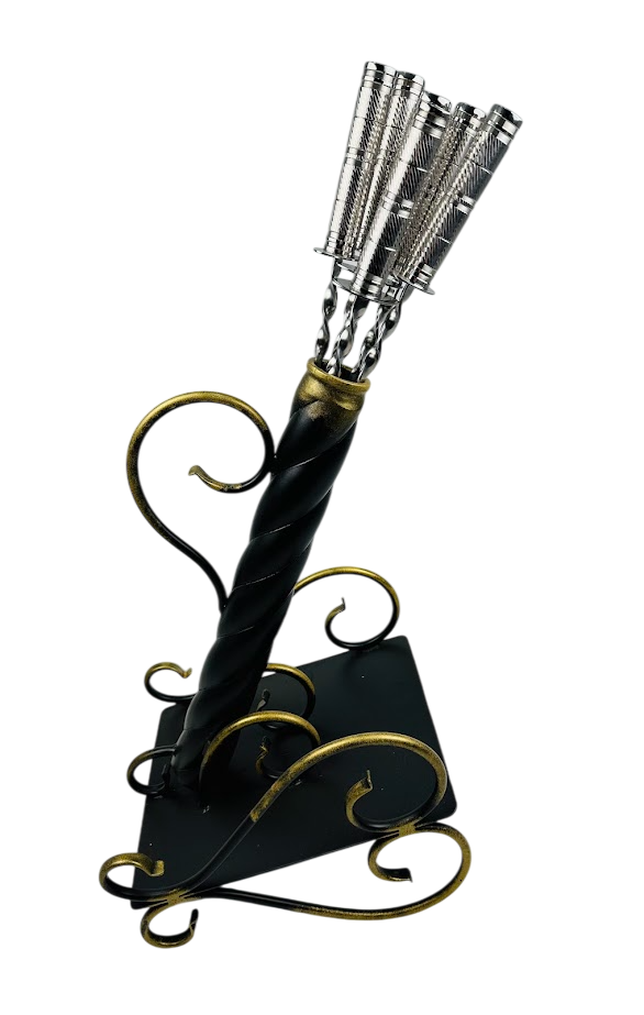 Подарочный набор шампуров Пушка на 7 предметов из нержавеющей стали на металлической подставке с вензелем Золотисто-черный (124-10-NB-5004)