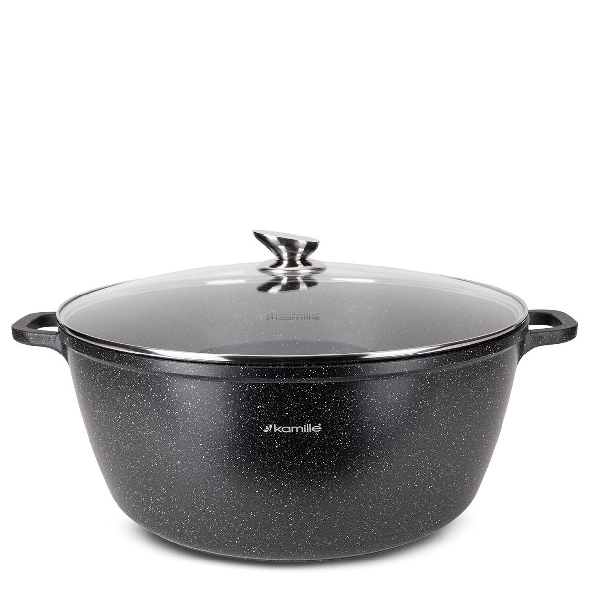 Каструля зі скляною кришкою та антипригарним покриттям Kamille КМ-4483 з литого алюмінію 18,5 л Чорний мармур (150-84-4483) - фото 1 Каструля зі скляною кришкою та антипригарним покриттям Kamille КМ-4483 з литого алюмінію 18,5 л Чорний мармур (150-84-4483) - фото 1