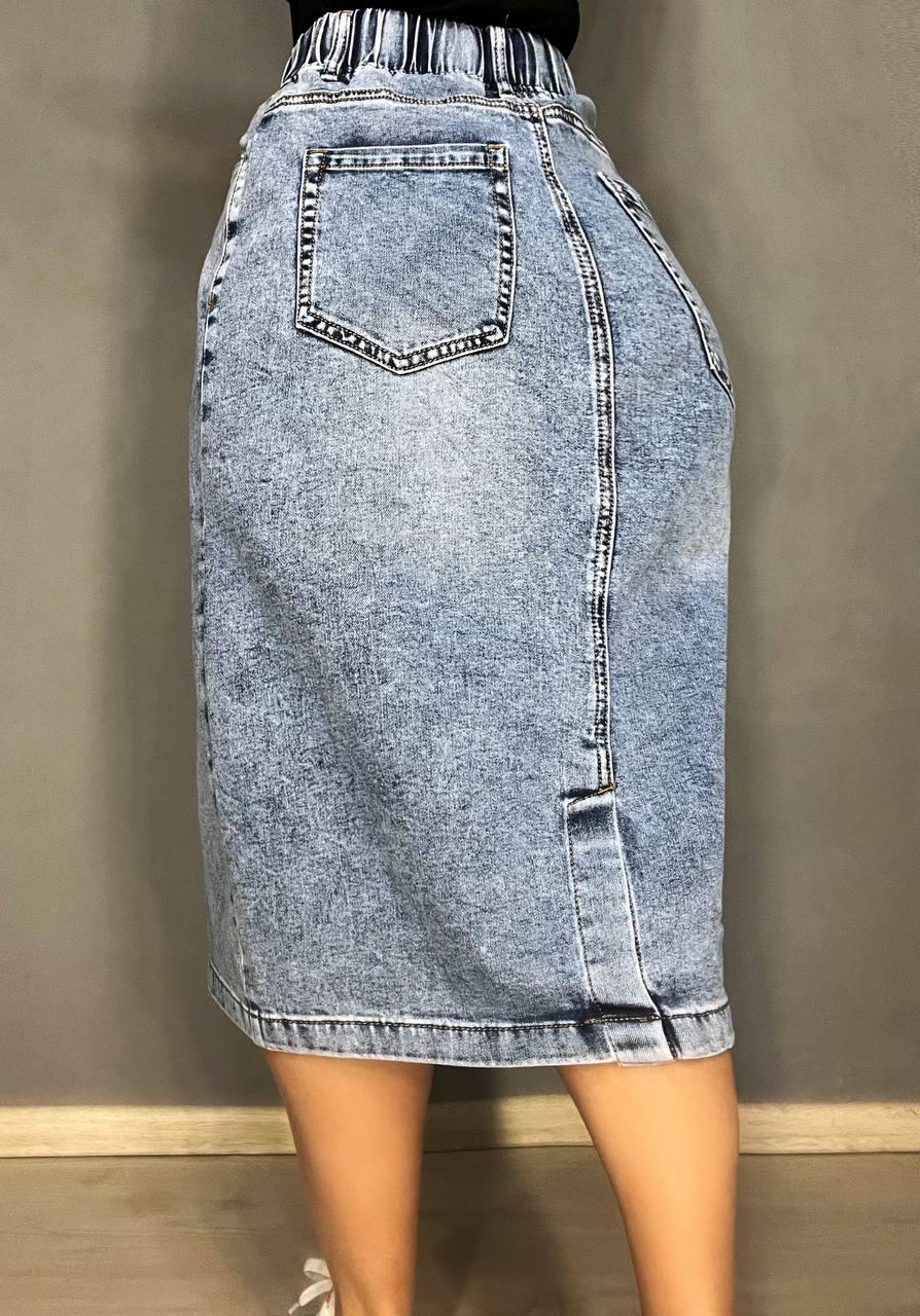 Юбка женская джинсовая ZJY 67501 талия на резинке со шнурком ниже колена разрез сзади р. 44 Голубой (3798) - фото 5