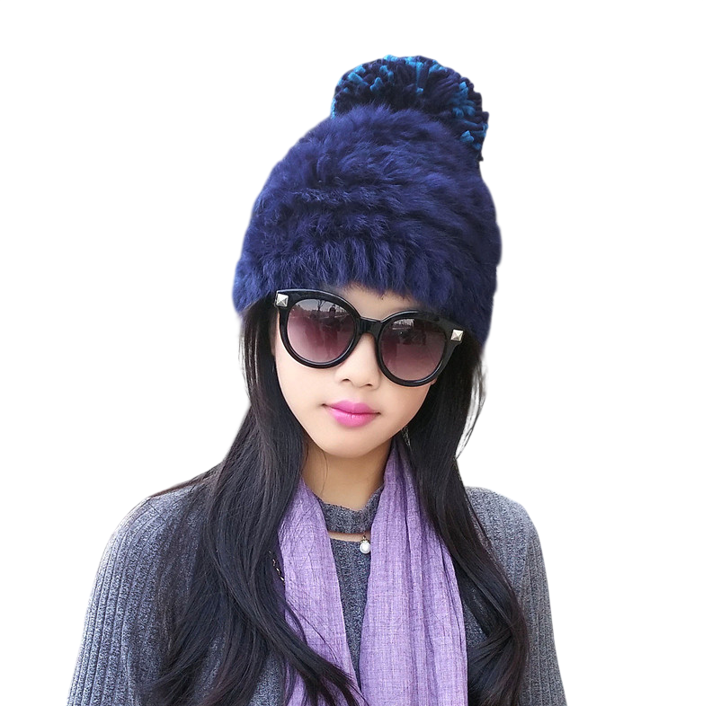 Шапка жіноча з кролячим хутром з великим помпоном One size Темно-синій (51-377-1478)