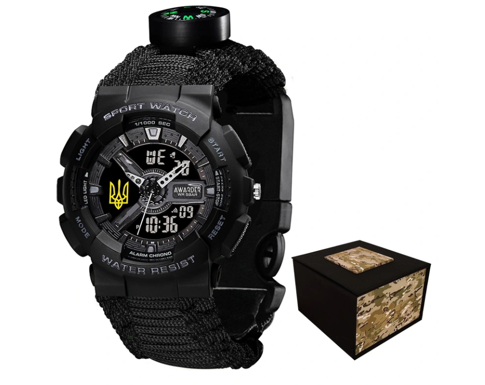 Наручные часы Awarder 005P Трезубец золото паракордовый ремешок с коробкой Black