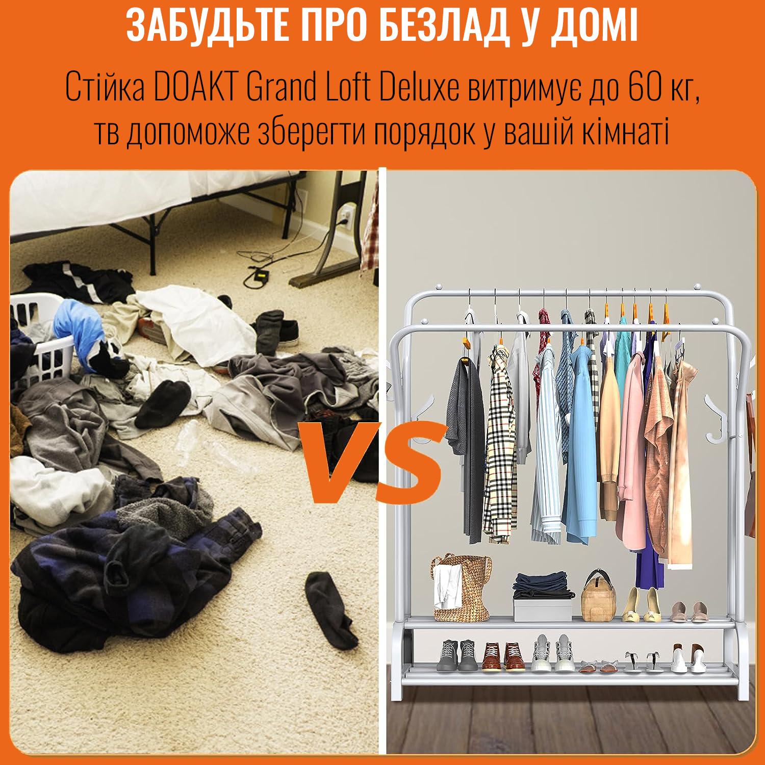 Вішалка-стійка для одягу та взуття DOAKT Grand Loft Deluxe подвійна сталева підлогова з полицею і гачками White (DSVBK00003WH) - фото 5