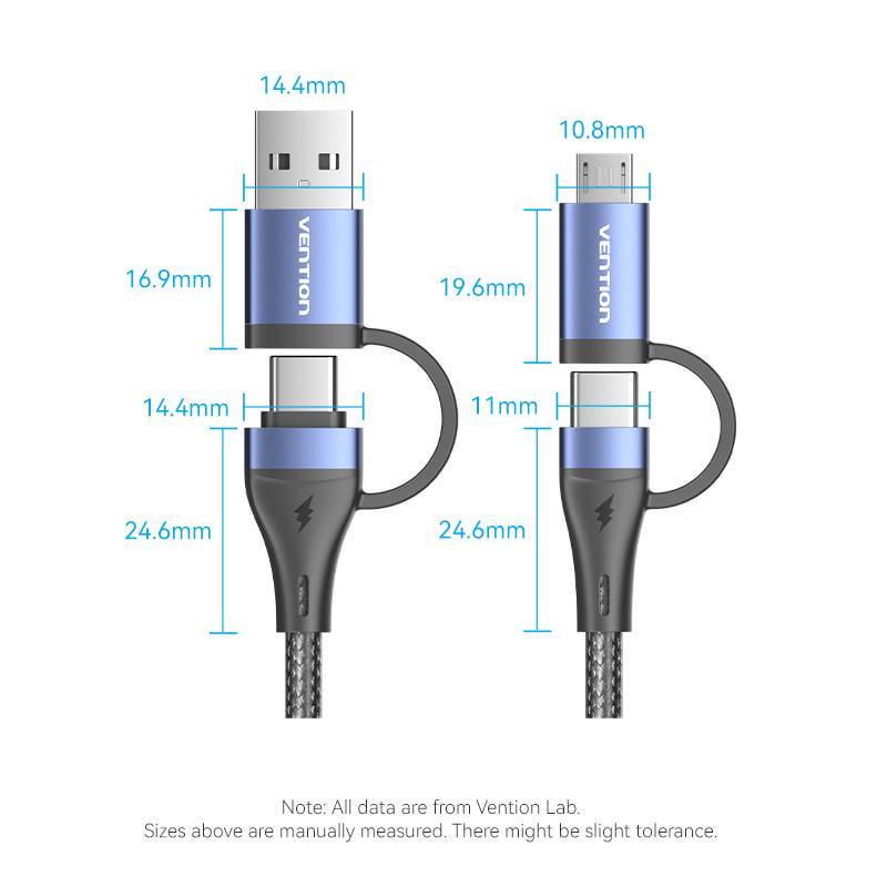 Кабель Vention USB + Type-C-Type-C + Micro-USB 100Вт 5А/20В 480 Мбіт/с USB-A + USB-C на USB-C + Micro-B PD нейлоновий шнур 2 м Чорний (CTLLH) - фото 10