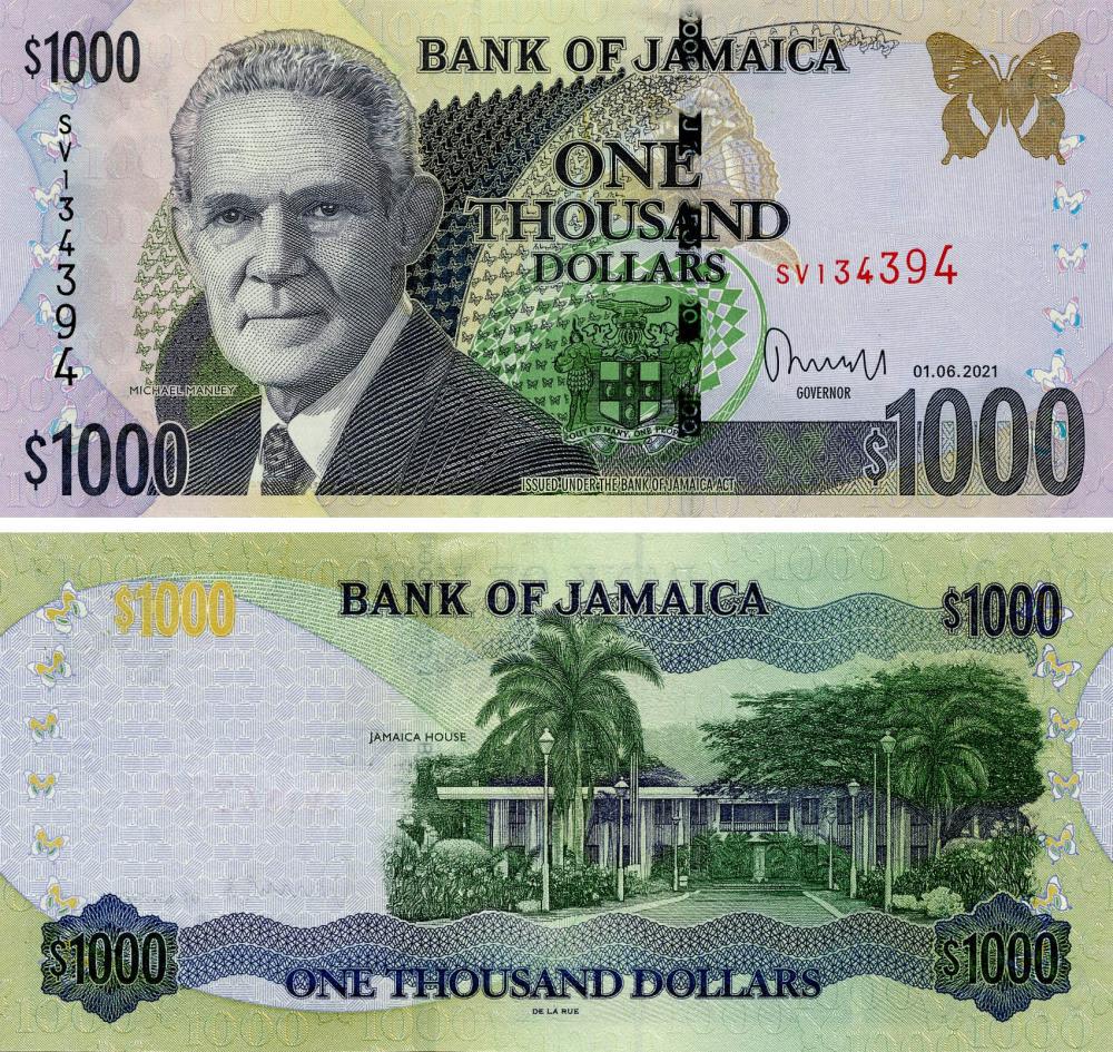 Коллекционная банкнота Ямайка 1000 долларов 2021 UNC P86 (Б18329)