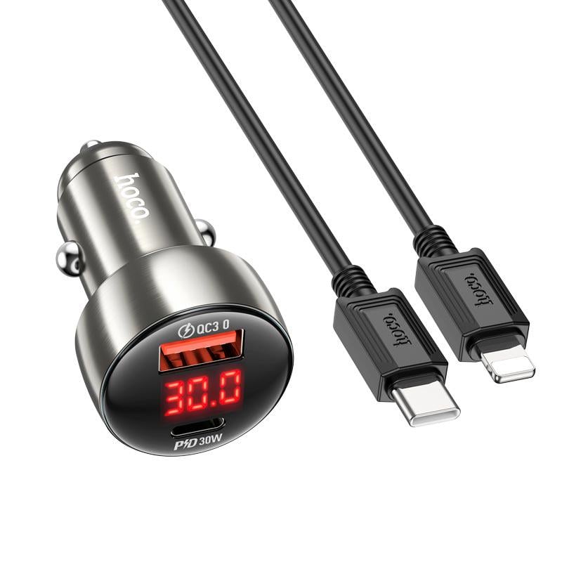 Зарядний пристрій в авто Hoco Z50 48 Вт USB-A/Type-C PD/QC з кабелем Type-C to Lightning Металік/Сірий (27556656) Зарядний пристрій в авто Hoco Z50 48 Вт USB-A/Type-C PD/QC з кабелем Type-C to Lightning Металік/Сірий (27556656)