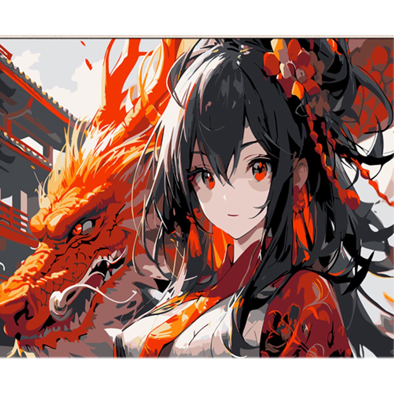 Картина по номерам Strateg Премиум Аниме и дракон-хранитель с лаком и с уровнем 30х40 см (LY53)