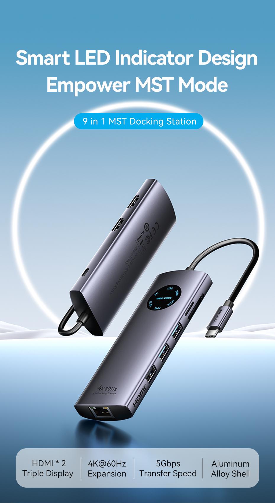 Док-станція Vention USB-C MST 2xHDMI 4K 60Hz PD 100W Gigabit Ethernet USB 3.0 SD/TF 0.15 м Сірий (TQVHB) - фото 2