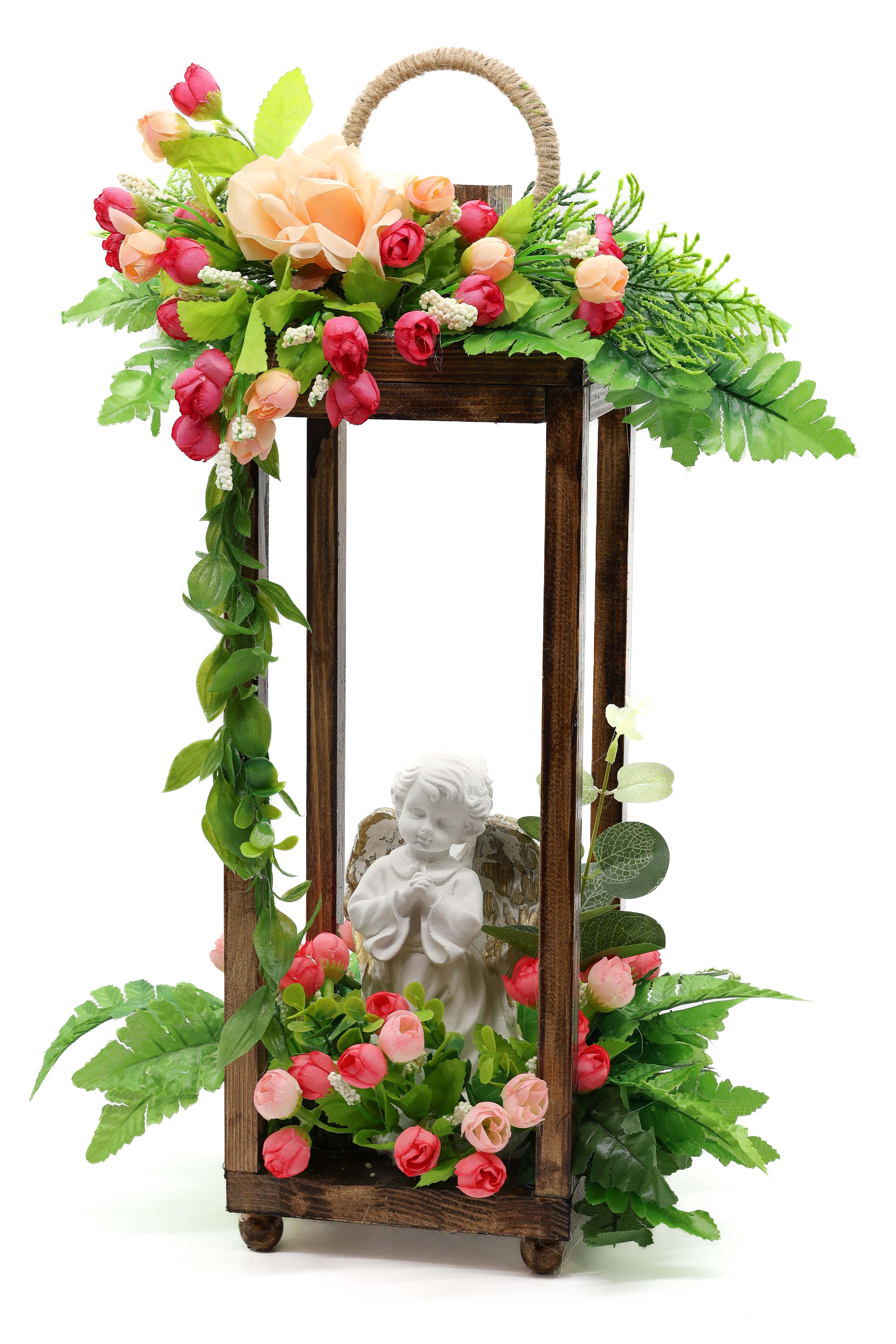 Лампіон GALA DECOR з фігуркою Ангела та флористичним декором 25х50 см