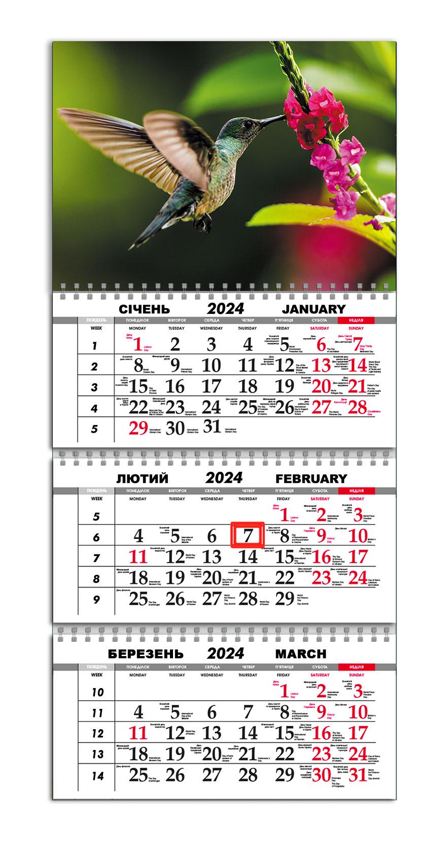 Календарь квартальный на 2024 год APRIORI Колибри/Птица/Природа/Made in Ukraine 30х61 см (UA2085)