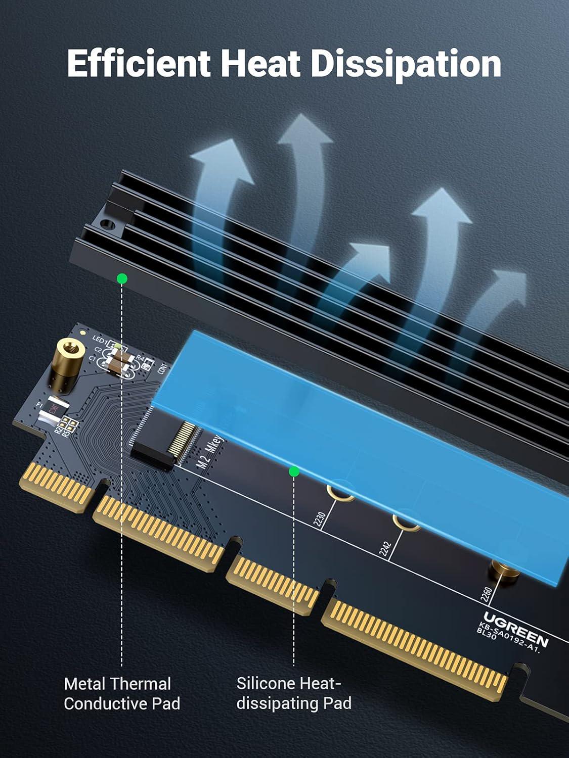 Адаптер UGREEN M.2 NVMe до PCIe PCIe 4.0 x4 з радіатором 64 Гбіт/с для NVMe M-Key/M+B Key 2230-2280 сумісний PCIe x4/x8/x16 Чорний (30715) - фото 4 Адаптер UGREEN M.2 NVMe до PCIe PCIe 4.0 x4 з радіатором 64 Гбіт/с для NVMe M-Key/M+B Key 2230-2280 сумісний PCIe x4/x8/x16 Чорний (30715) - фото 4