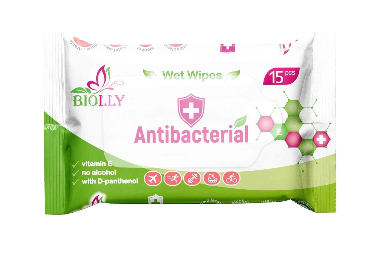 Салфетки влажные Biolly антибактериальные с витамином Е+D-panthenol №15 (000005130)