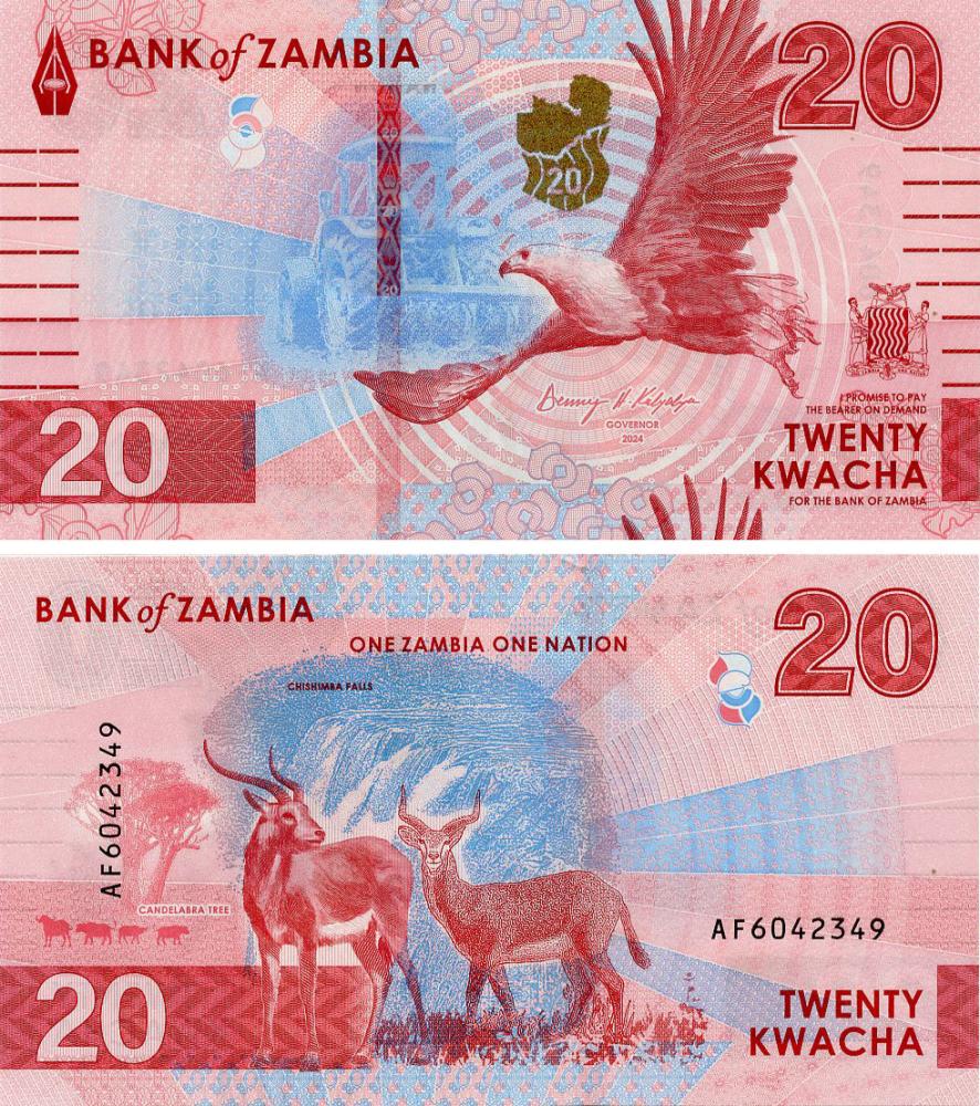 Коллекционная банкнота Замбия 20 квача 2024 2025 UNC Орел Антилопы Водопад Чисимба (PW63)