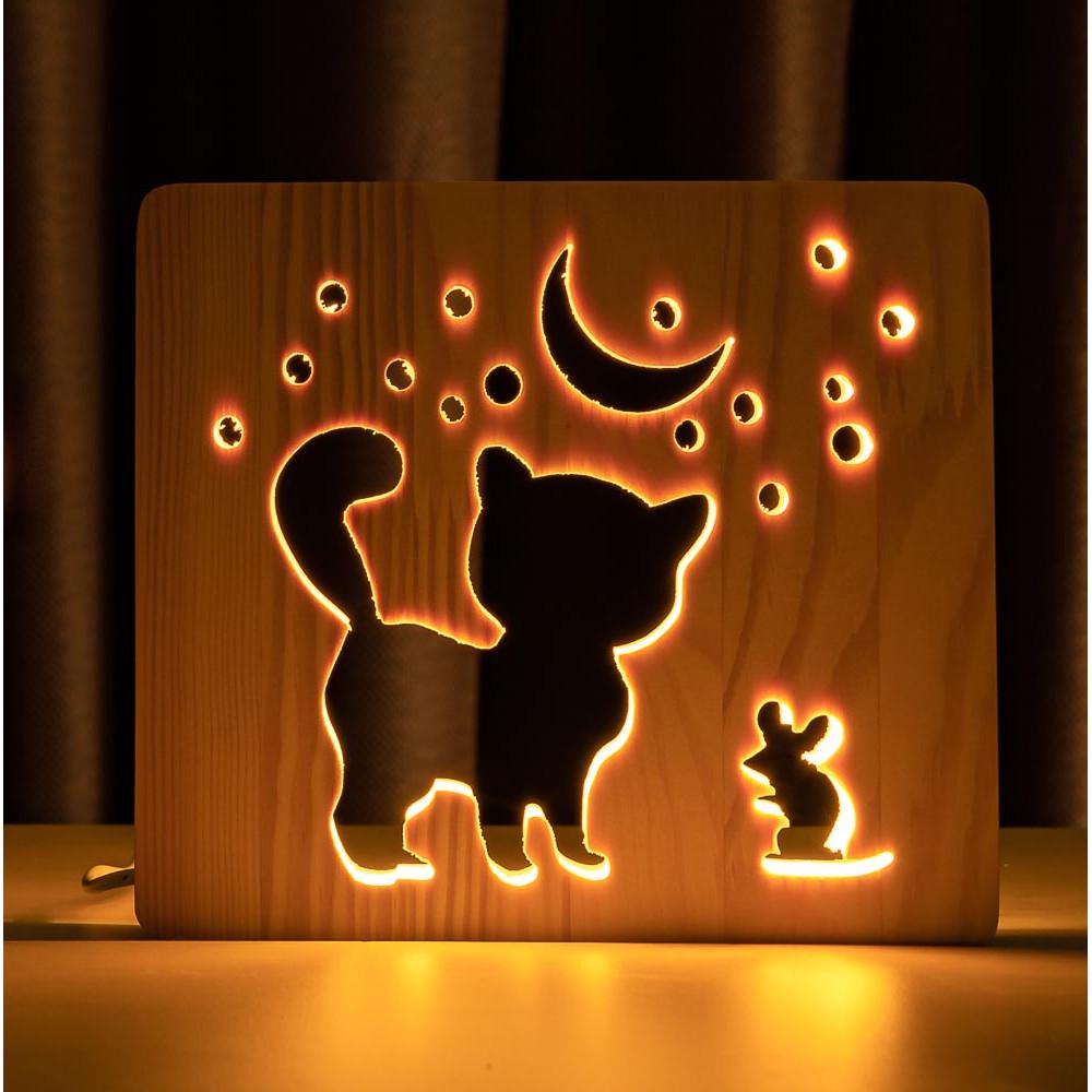 Ночник из дерева ArtEco Light LED Кот и мышка под луной с пультом Белый теплый (1020346)