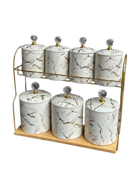 Набір банок для сипучих продуктів YiWu HP-1215 на металевій підставці 300 мл і 700 мл 8 пр. Білий