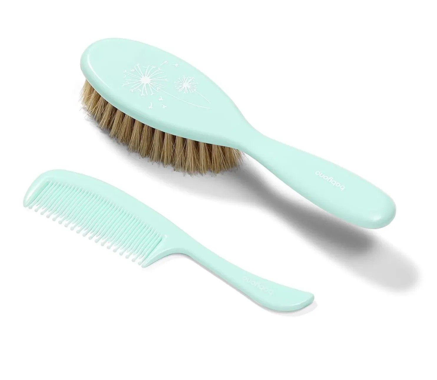 Щітка та гребінець для волосся BabyOno з натуральною м'якою щетиною М'ятний (111134)