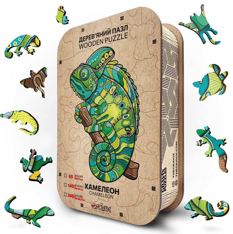 Пазл дерев'яний фігурний TheGravix Серія тварини Хамелеон 140 деталей
