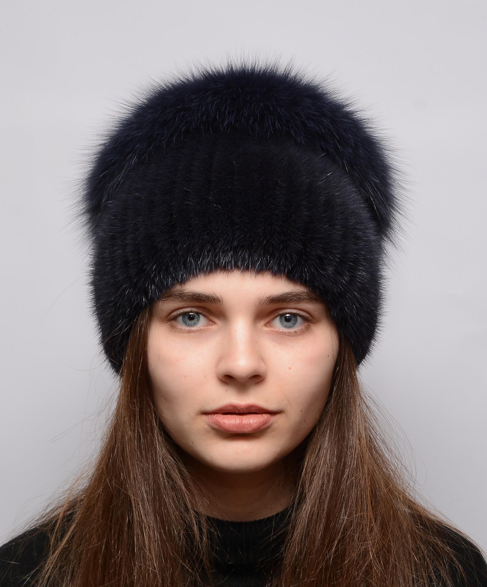 Зимова жіноча шапка Хутряний стиль Перо із в'язаної норки з бубном із песця M-L Темно-синій (129/B)