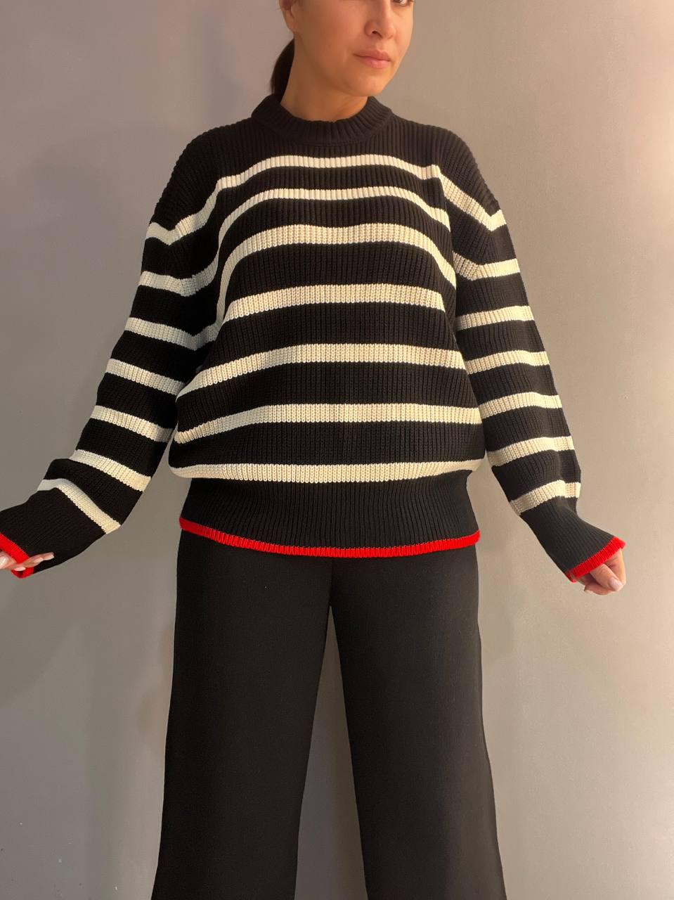 Светр жіночий MIX RAY 6635 смужка подовжений вільний крій OS Чорний (1041) - фото 2