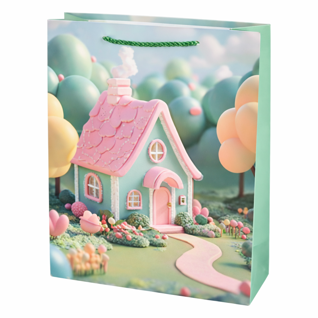Подарунковий пакет Fairytale house 3D R34515-M 26х32х10 см Рожевий/М'ятний (35227127)