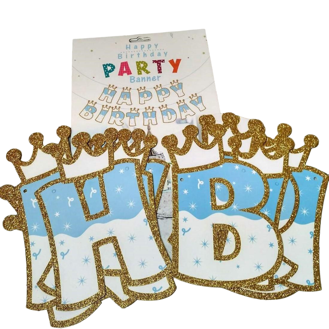 Гирлянда растяжка с буквами "Happy Birthday" корона с глиттером Голубой (JQ90139-2)