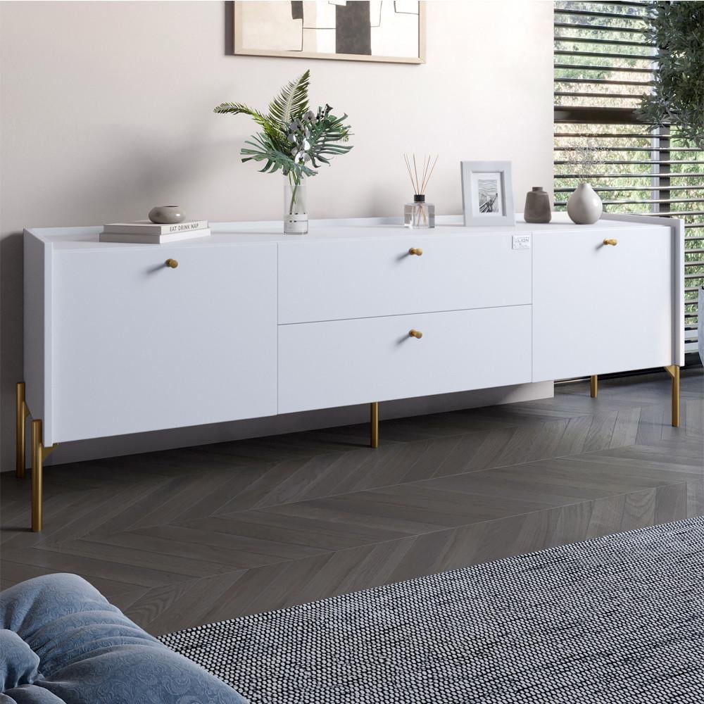Тумба під телевізор з шухлядами Lion Wood з золотими ніжками 180х50х40 см Німфея Альба білий (Lion-043118)