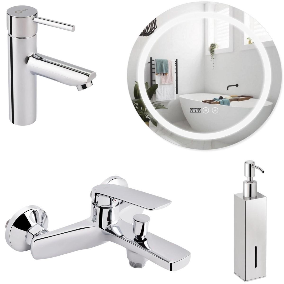 Набор Qtap смеситель для ванны/зеркало настенное круглое LED/смеситель для умывальника/Qtap дозатор